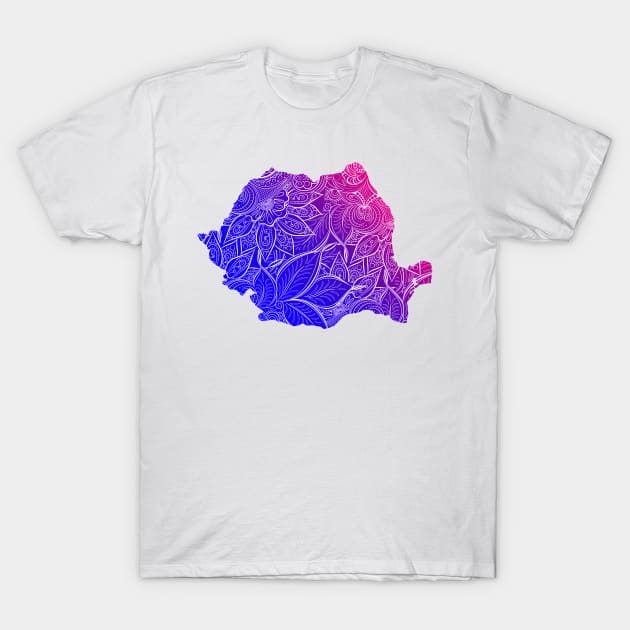 Colorful mandala art map of Romania with text in blue and violet T-Shirt by Happy Citizen